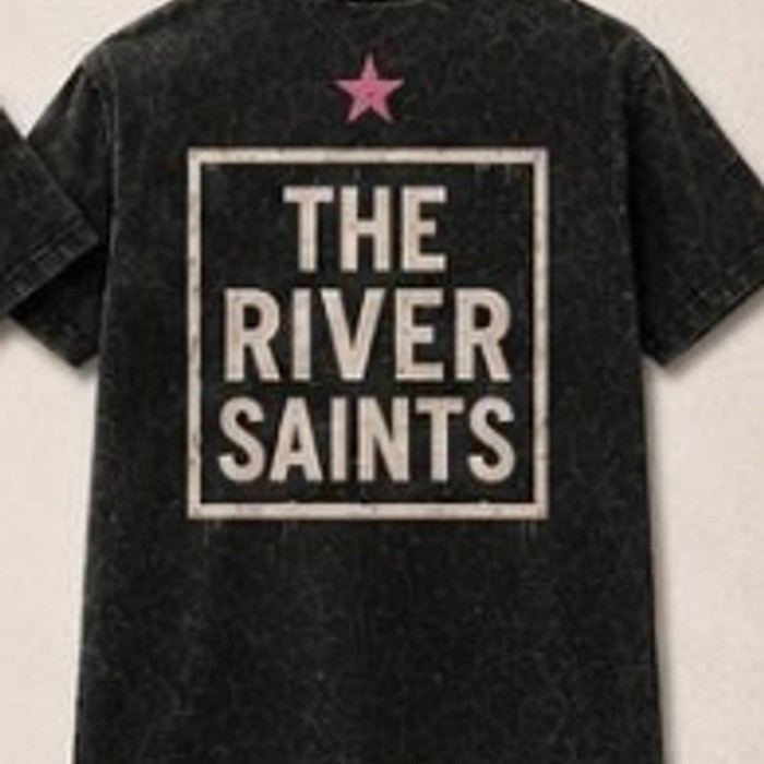 Boot Scootin' t-shirt back print with The River Saints logo