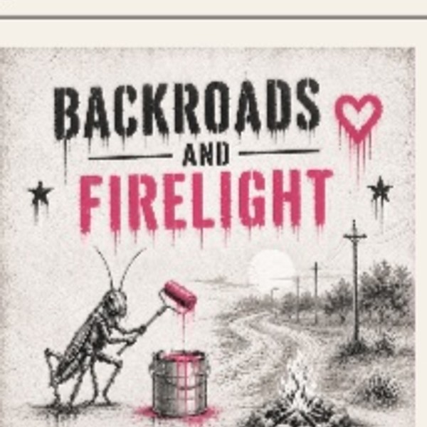 Backroads & Firelight — song artwork: a cricket painting a road toward a campfire