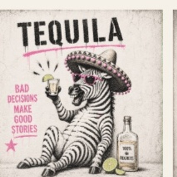 Tequila — song artwork: a zebra in a sombrero raising a tequila shot, bad decisions make good stories