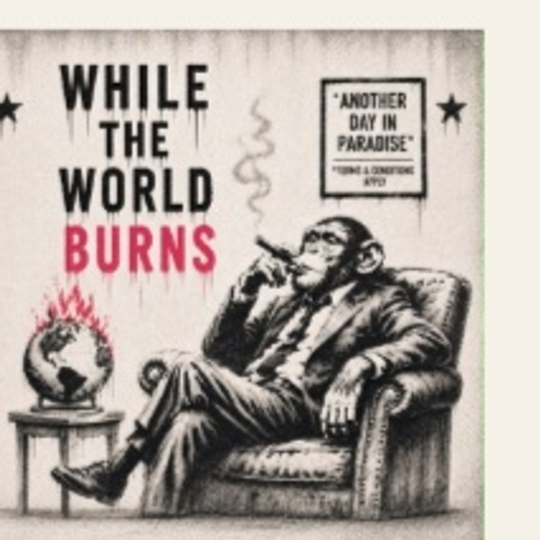 While The World Burns — song artwork: a chimp smoking a cigar in an armchair beside a burning globe